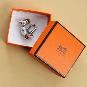 Authentic HERMES 1990s Silver-Tone Pelican Cadena Padlock Bag Charm